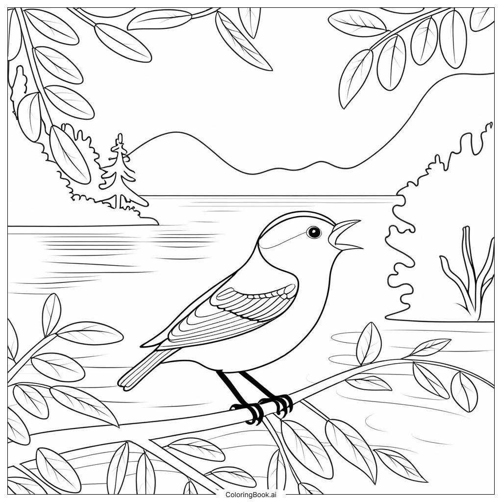 Página para colorir: Pássaro Cantando em uma Cena Natural Pacífica: Uma Experiência de Colorir Relaxante