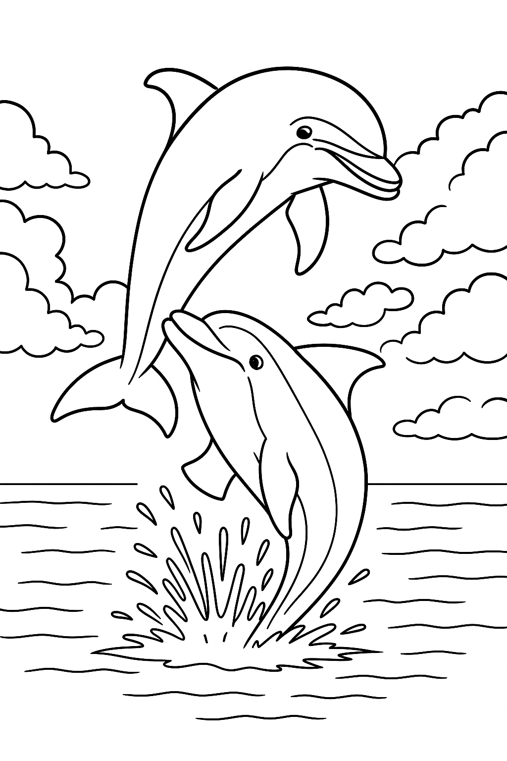 Página para colorear: Delfines saltando alegremente a través de las olas bajo un cielo nublado