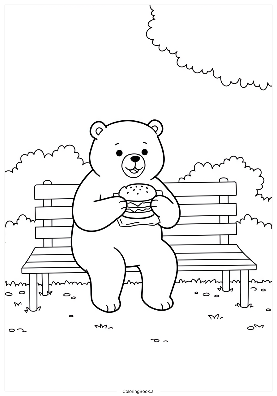 Ausmalbild: Ein fröhlicher Bär, der einen Burger auf einer Parkbank genießt