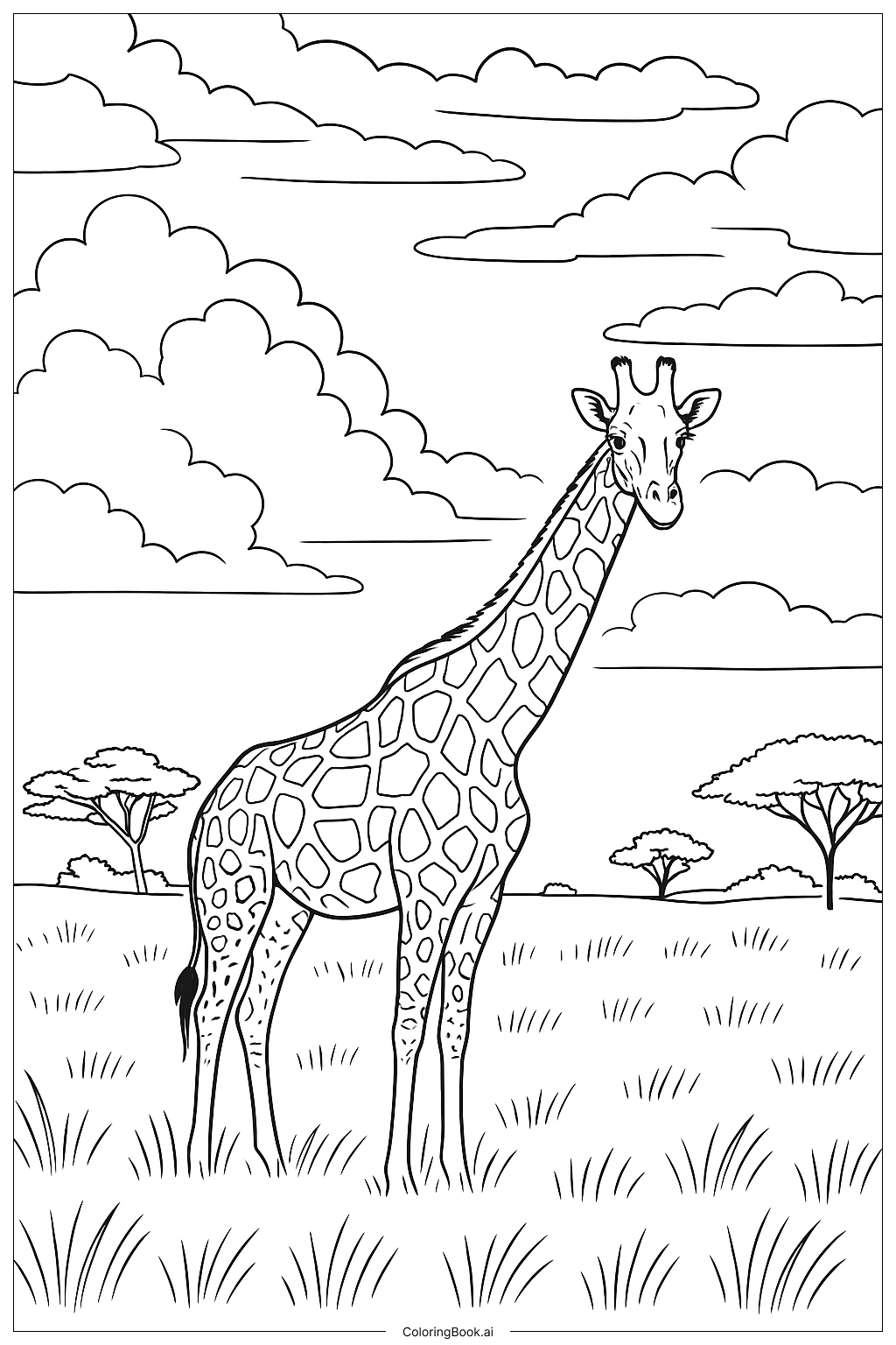 Page de coloriage : Girafe majestueuse dans un paysage de savane calme avec de l'herbe verte et un ciel nuageux