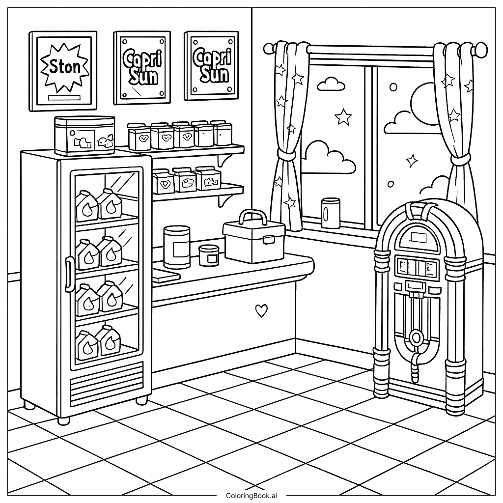 Página para colorear: Escena de Cocina Vintage: Jukebox Retro y Exhibición de Capri Sun en una Tienda Acogedora