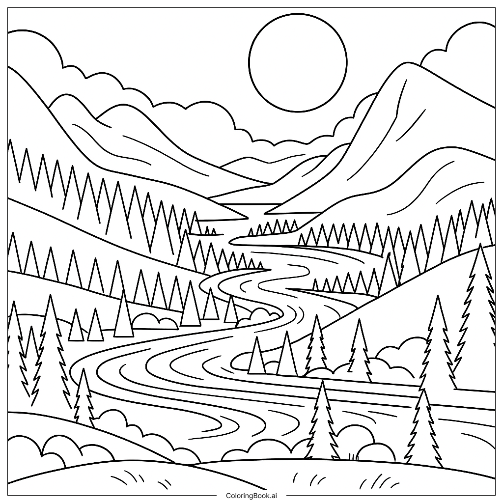 Página para colorear: Serena Paisaje Montañoso con un Río Curvilíneo y un Sol Brillante