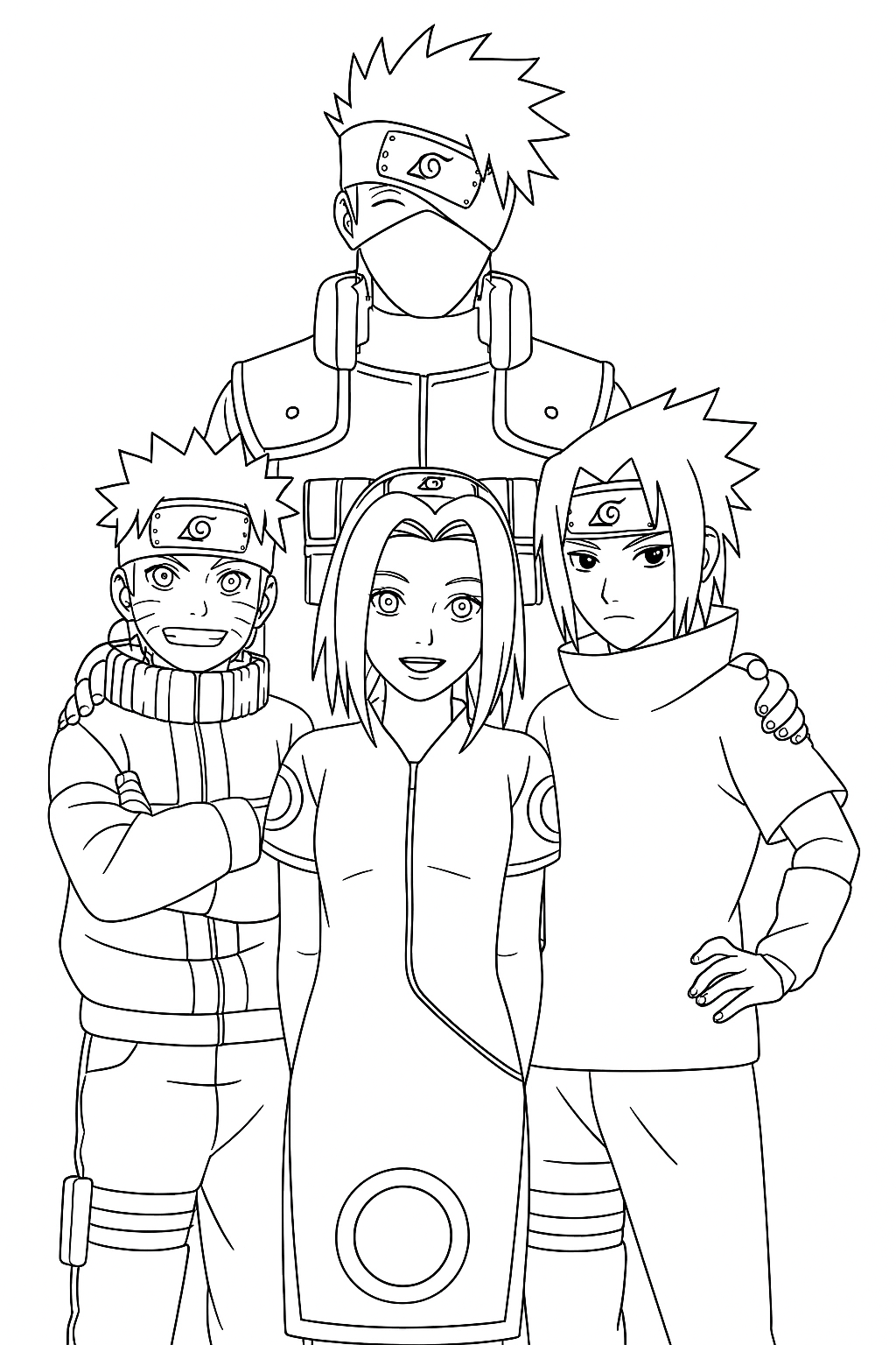 Página para colorear: Reunión del Equipo 7: Celebrando la Amistad entre Naruto, Sakura, Kakashi y Sasuke