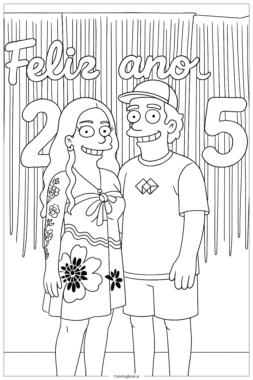 Página para colorear: Celebrando el Amor: ¡Una Pareja Feliz Da la Bienvenida al Año Nuevo Juntos!