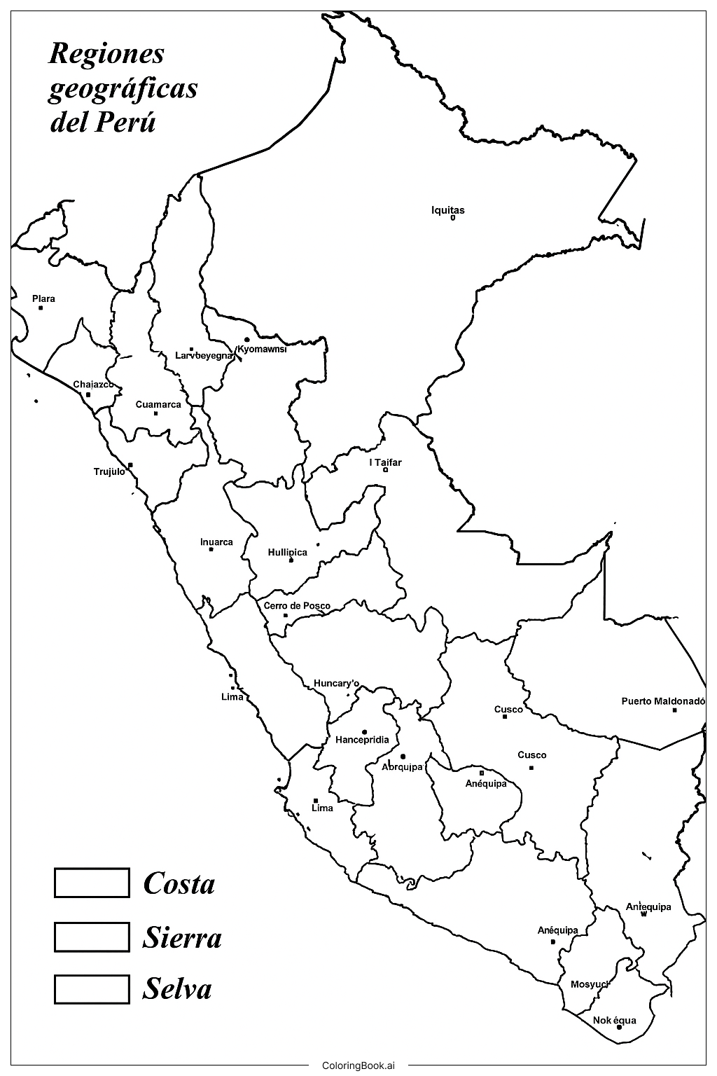 Página para colorear: Regiones Geográficas del Perú: Explorando la Costa, las Tierras Altas y las Áreas de Jungla