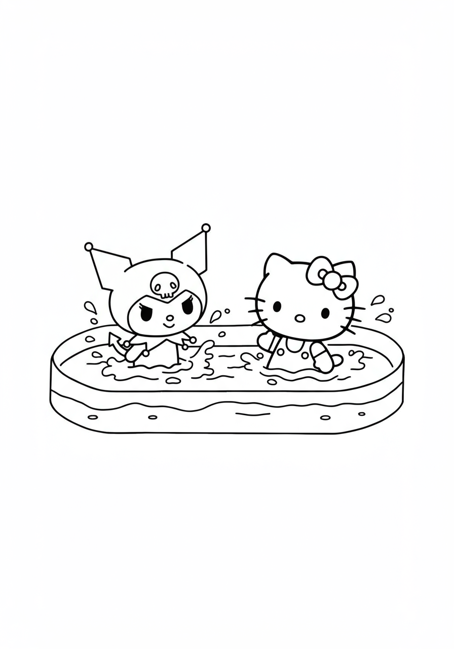 Coloring Page: Playful Pool Day: Hello Kitty and Friend Making Waves!