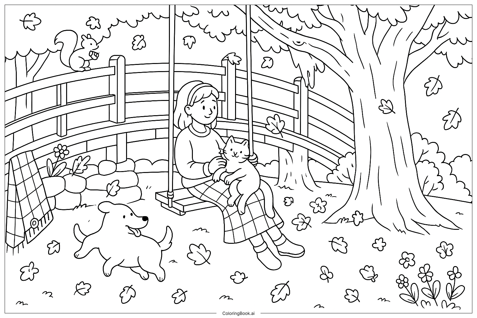 Página para colorear: Una niña disfruta de su día en el parque con su gato y su perro, rodeada de la belleza de la naturaleza.