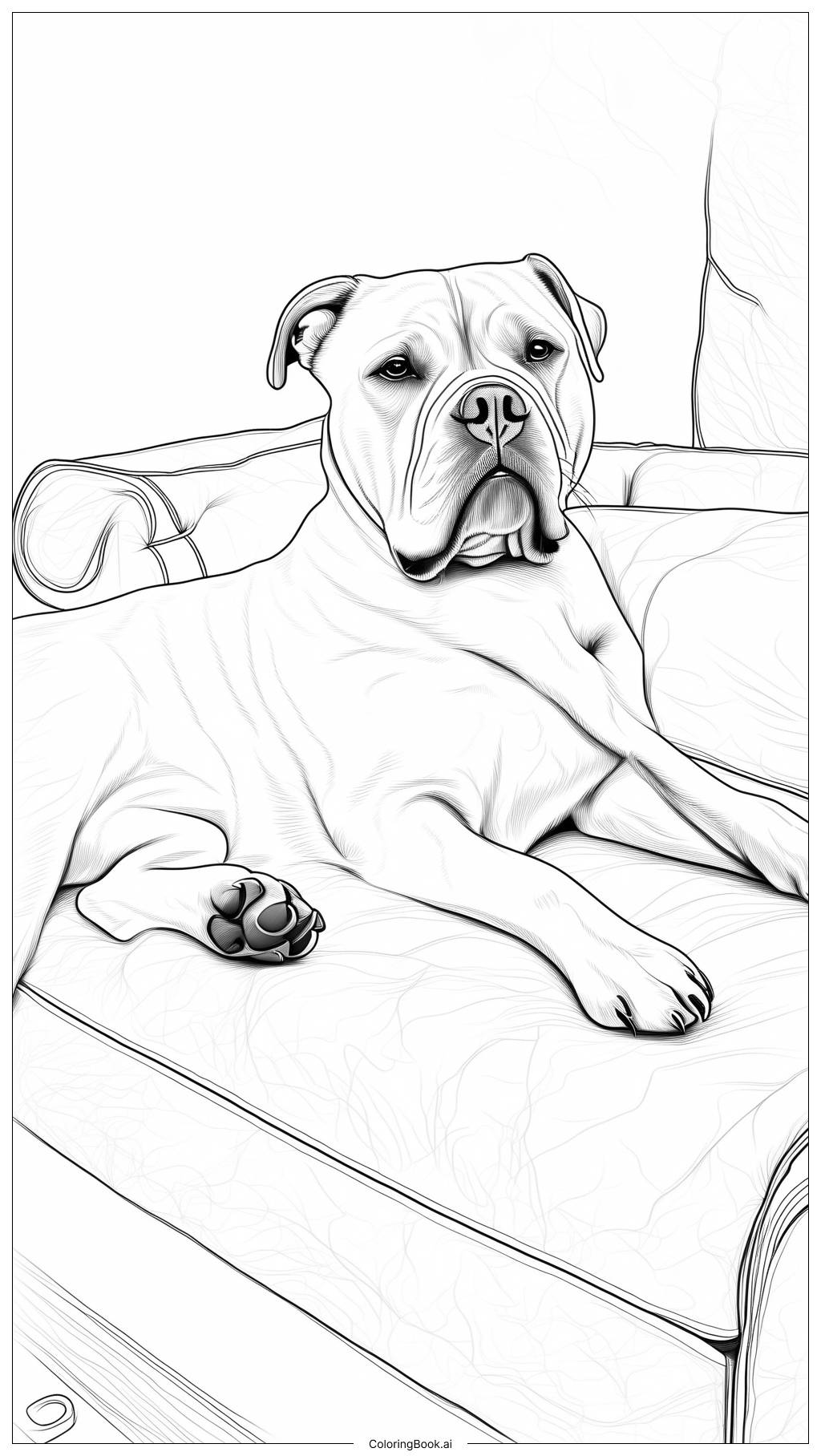 Page de coloriage : Chien Détendu : Un Bulldog Audacieux Séjournant sur un Canapé en Attendant le Temps de Jeu