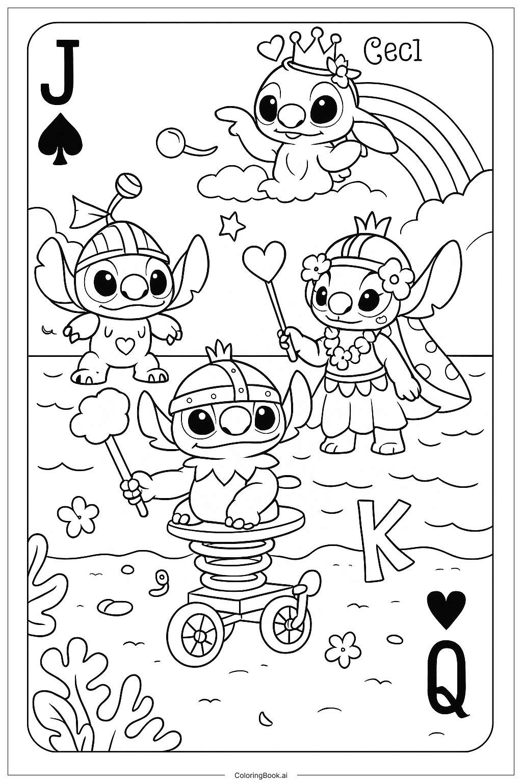 Ausmalbild: Bunte Freude mit bezaubernden Charakteren: Ein spielerisches Kartendesign zum kreativen Ausmalen!