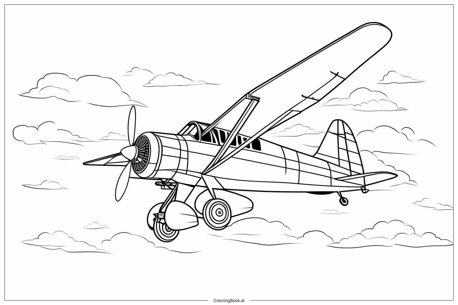 Página para colorir: Voando Alto: Uma Aventura Clássica de Avião Entre Nuvens