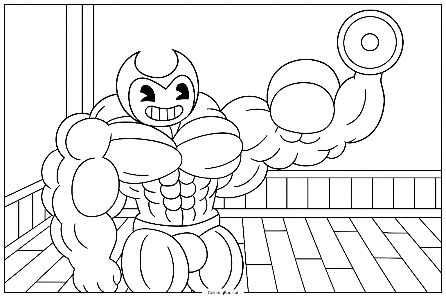Página para colorear: Personaje de dibujos animados musculoso flexionando con un peso en un divertido gimnasio
