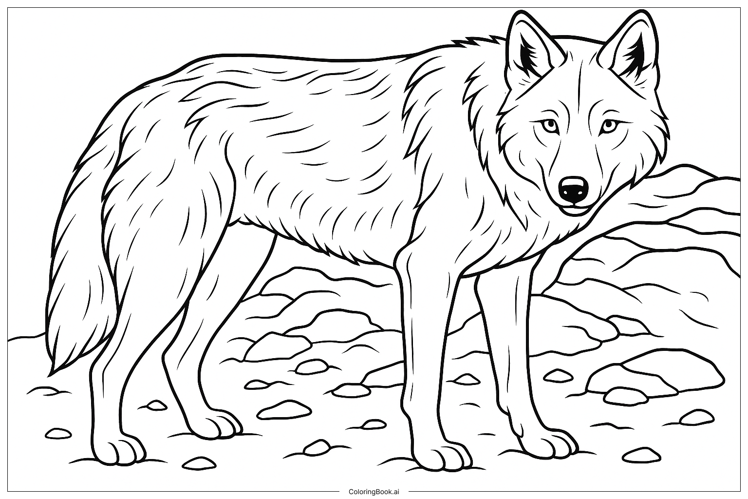 Ausmalbild: Majestätischer Wolf, der stolz zwischen Felsen in einer friedlichen Landschaft steht