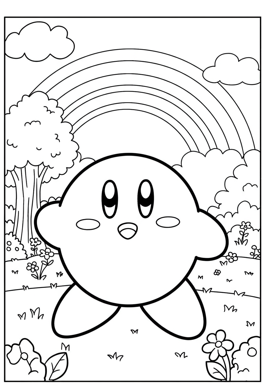 Página para colorear: Kirby en un paisaje colorido con arcoíris, árboles y flores esperando tu toque creativo