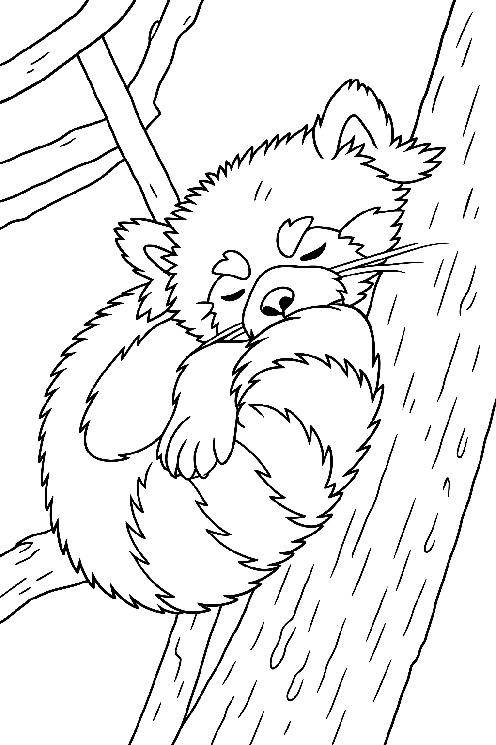 Página para colorear: Un mapache dormido acurrucado en una rama de árbol, listo para una siesta tranquila. Sueño acogedor en el bosque.