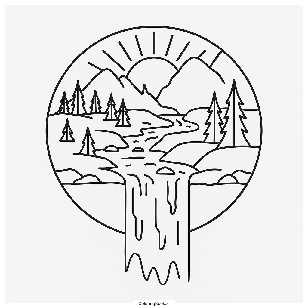 Page de coloriage : Oasis de Cascade Sereine : Cadre Naturel Calme dans un Retraite Ronde