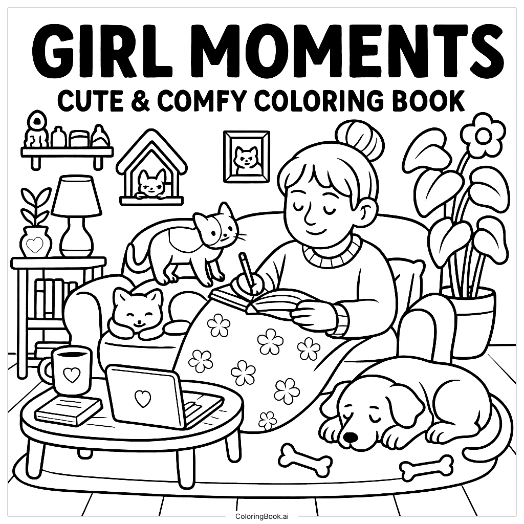 Página para colorear: Momentos Acogedores: Una Encantadora Aventura de Colorear en Comodidad y Compañerismo