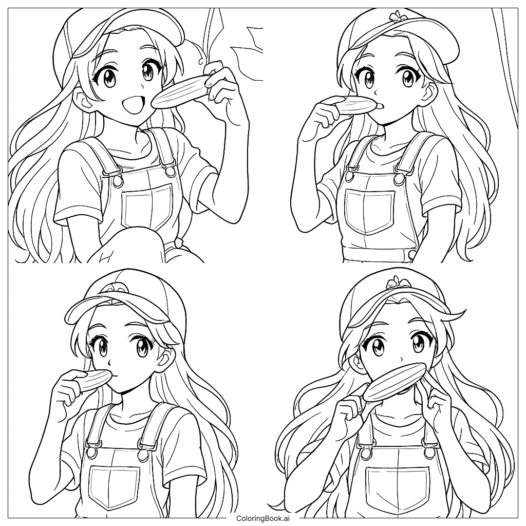 填色頁：快樂的時刻：女孩帶著愉快的微笑享受美味的小點心