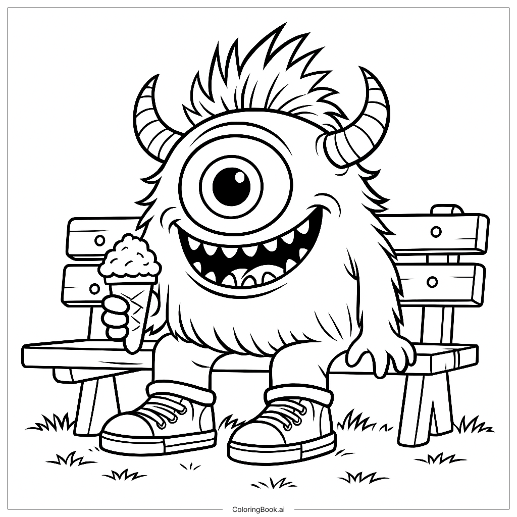 填色页：快乐的怪兽在公园长椅上享受冰淇淋