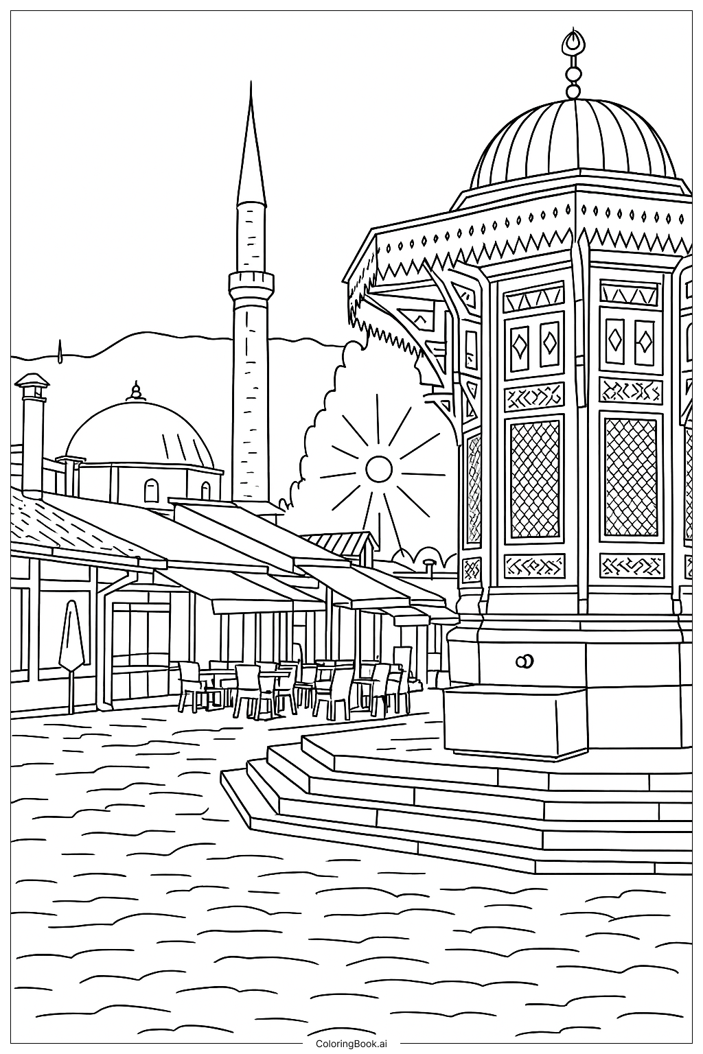 Página para colorear: Encantadora Plaza Histórica con Fuente, Mezquita y Confortable Ambiente de Café