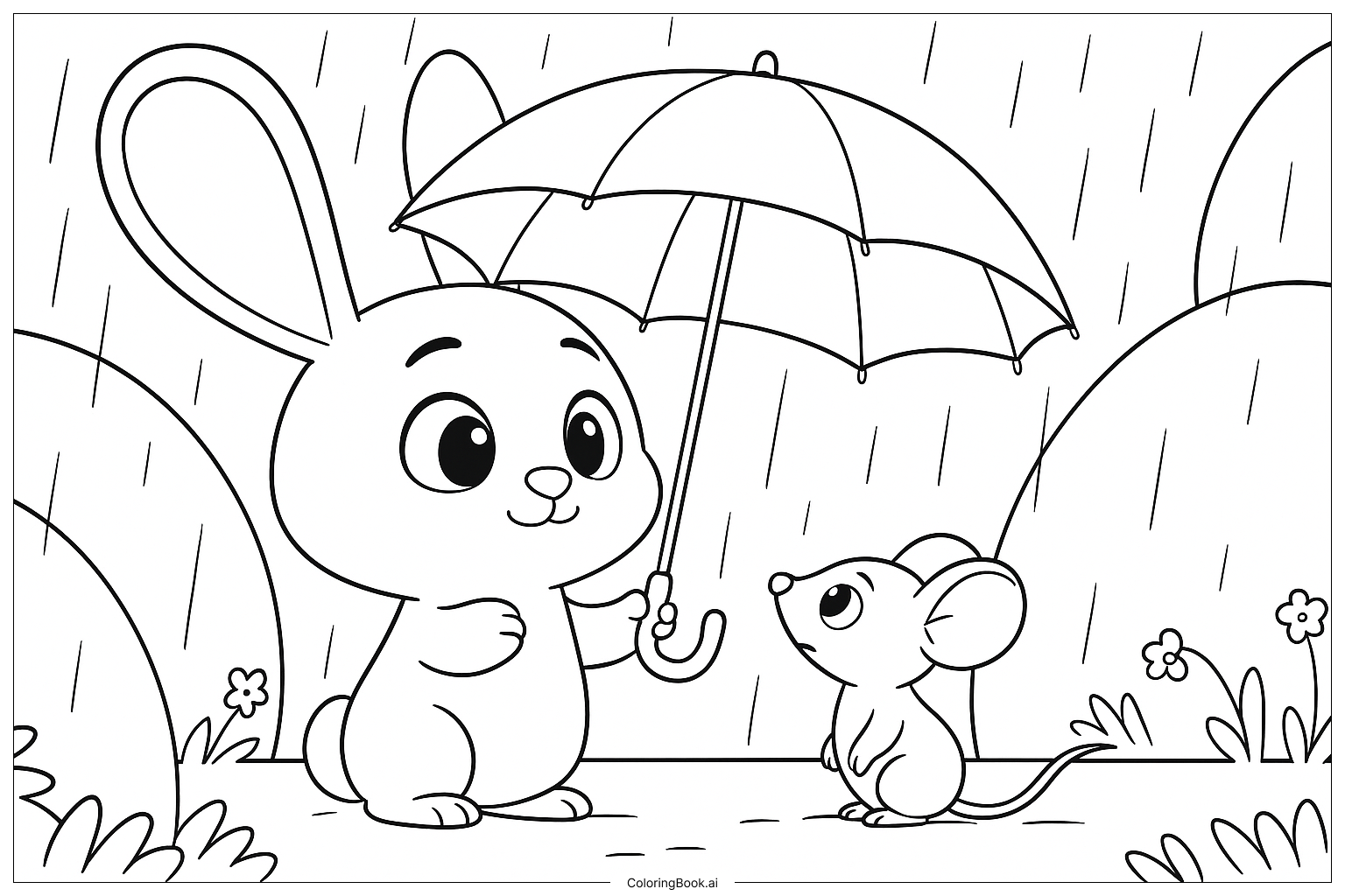 Ausmalbild: Regnerische Tagesfreunde: Ein Hase teilt einen Regenschirm mit einer kleinen Maus