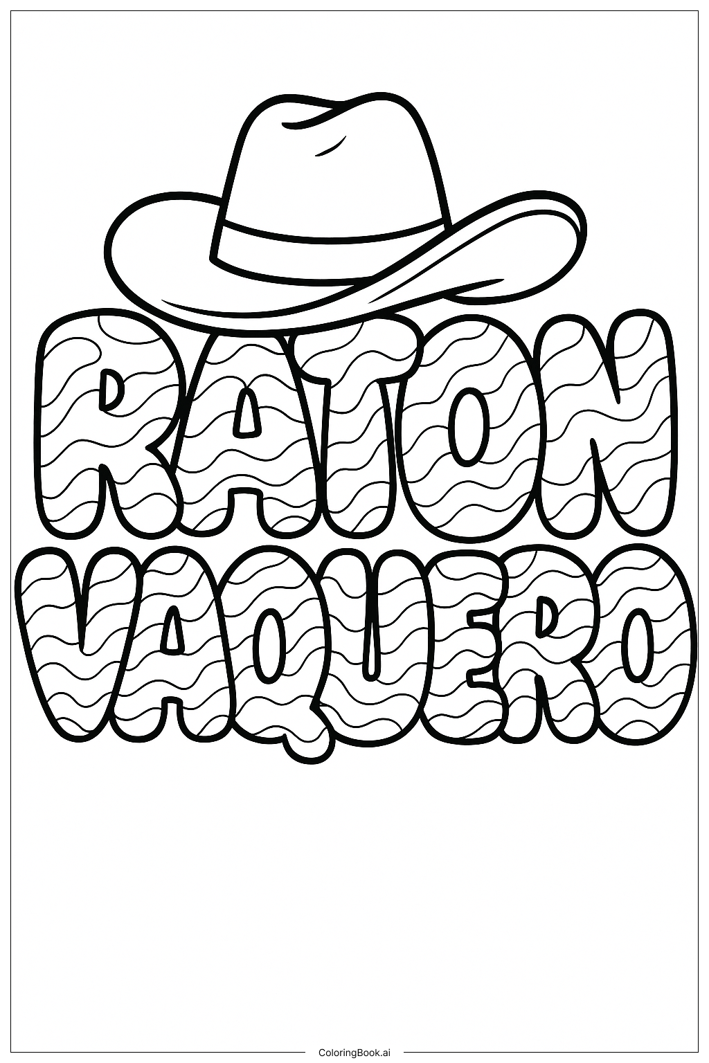 Coloring Page: Bold and Wavy Lettering of "RATON VAQUERO" with a Classic Cowboy Hat Coloring Page