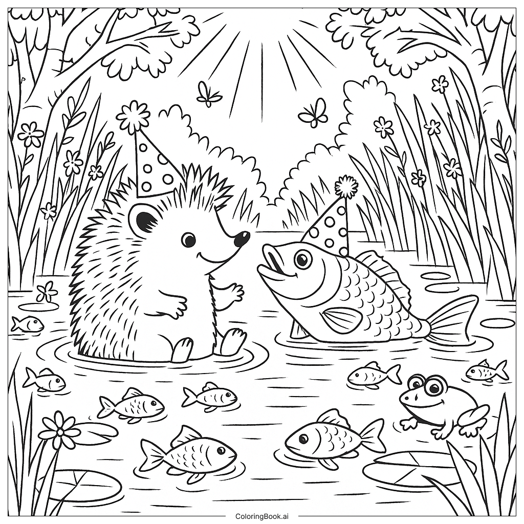 Coloring Page: Hedgehog, Fish, and Frog Celebrating Together in a Sunny Pond Party with Party Hats