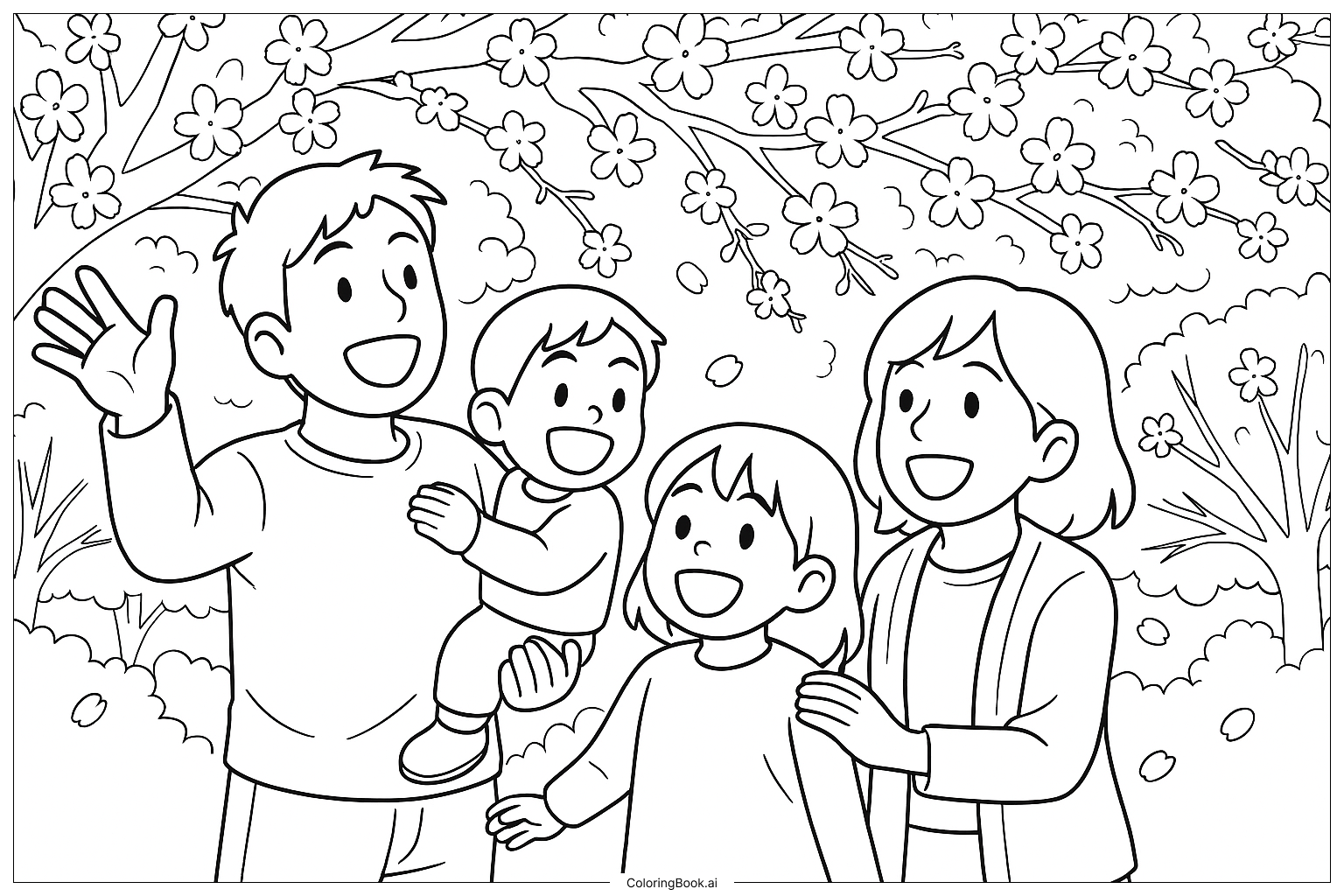 Page de coloriage : Moments de Famille Joyeux Sous des Arbres en Fleur