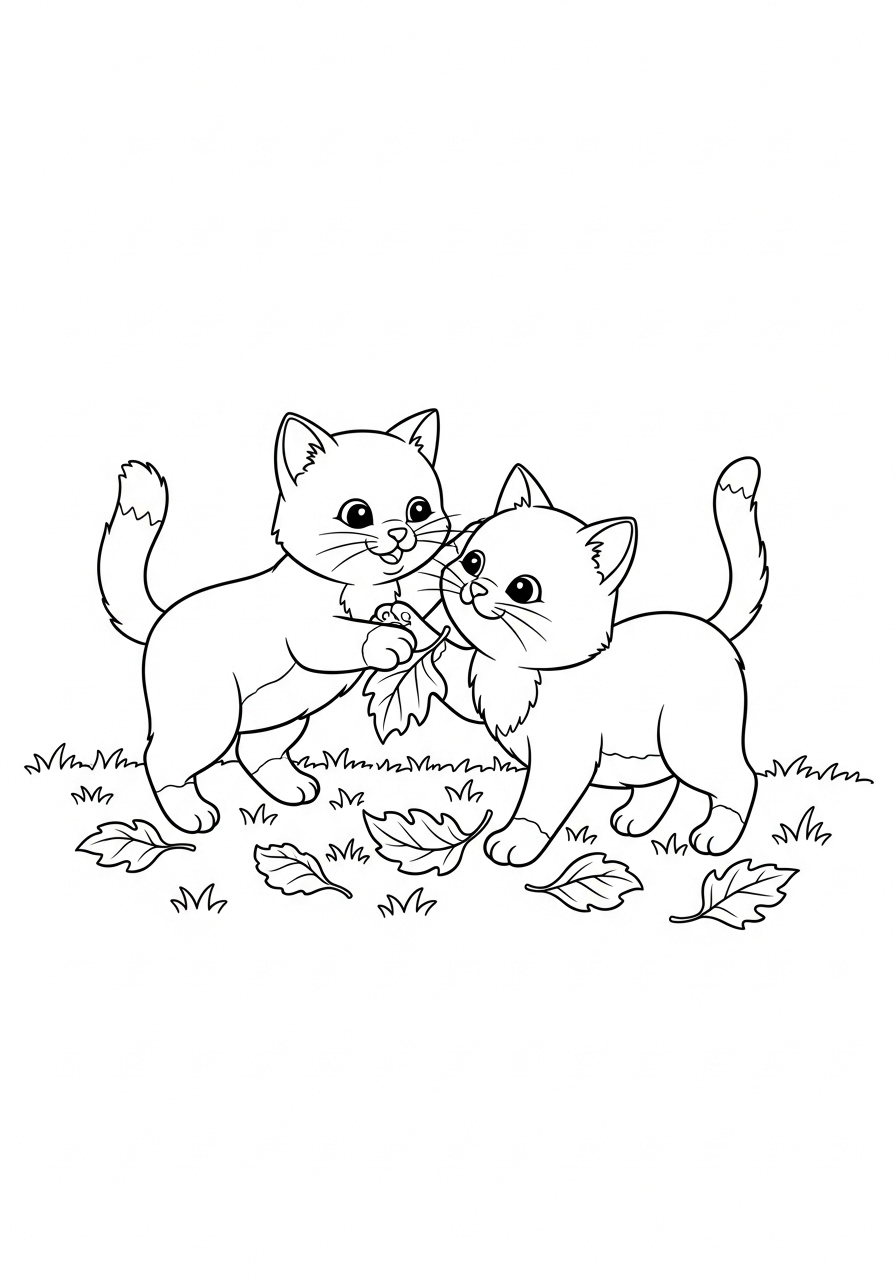 Coloring Page: Playful Kittens Enjoying Autumn Leaves in a Wholesome Outdoor Scene
