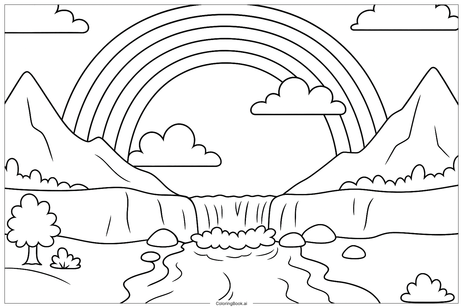 Página para colorear: Un arcoíris colorido sobre una cascada pacífica y un paisaje montañoso