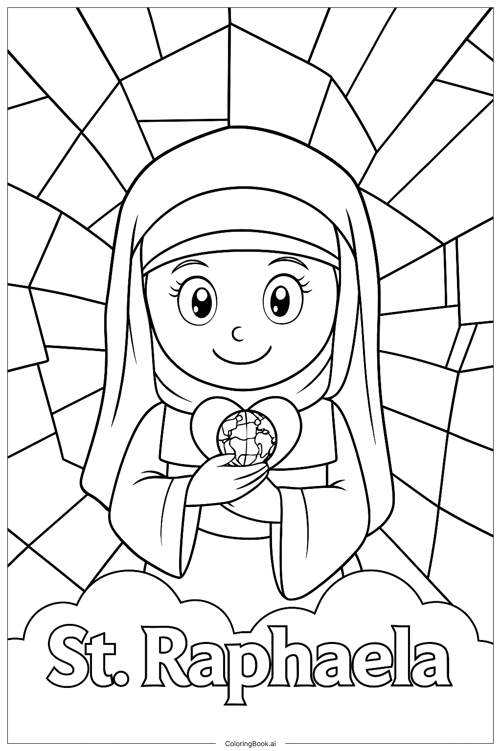 Ausmalbild: Farbige Illustration von St. Raphaela mit einer herzlichen Botschaft für Kinder zum Ausmalen