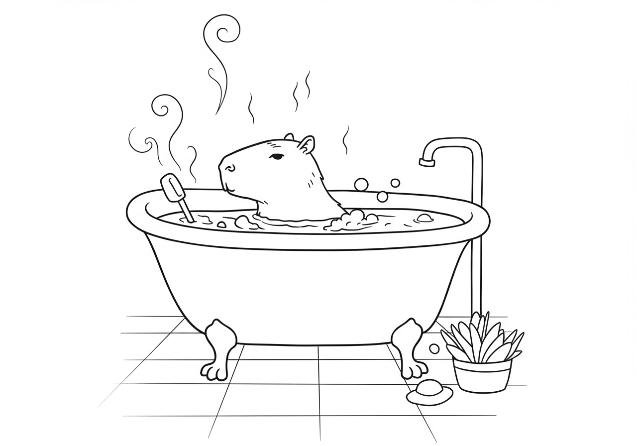 Trang tô màu: Một ngày spa thư giãn của lửng capybara trong bồn tắm đầy bọt