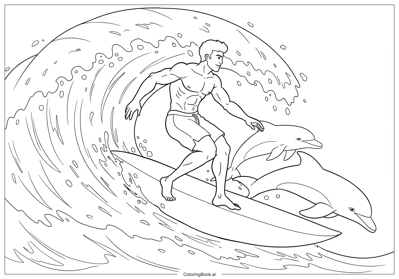 Coloring Page: Surfing Adventure: A Surfer Riding Waves with Dolphins in a Thrilling Ocean Scene