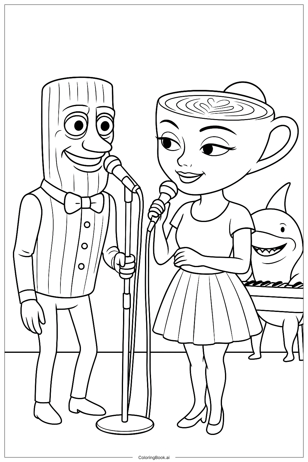 Page de coloriage : Chanson en Duo : Une Tasse Joyeuse et un Charmant Tronc se Produisent Ensemble sur Scène