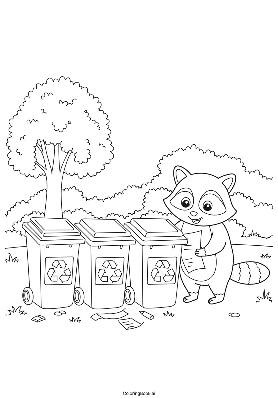 填色頁：浣熊資源回收探險：可愛小動物的垃圾分類指南！