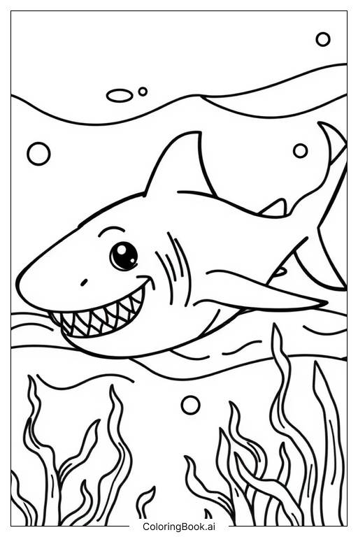 Coloring Page: Happy Shark Swimming in a Colorful Underwater World